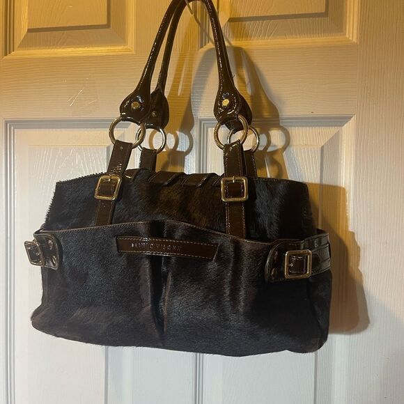 Plinio Visona  leather Brown Calf Hair Patent trims Shoulder Bag Gold Hardware - Picture 3 of 16